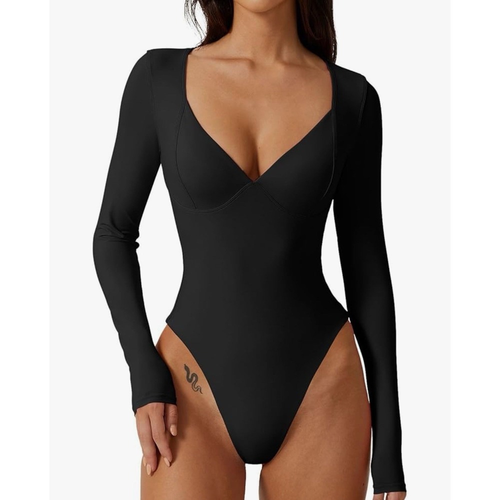 QINSEN Womens Long Sleeve‎ Sweetheart V Neck Bodysuit Black Sculpting Thong XS